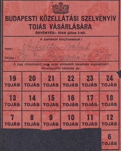 1944, július 1-től., Budapesti közellátási szelvényív, tojás vásárlására