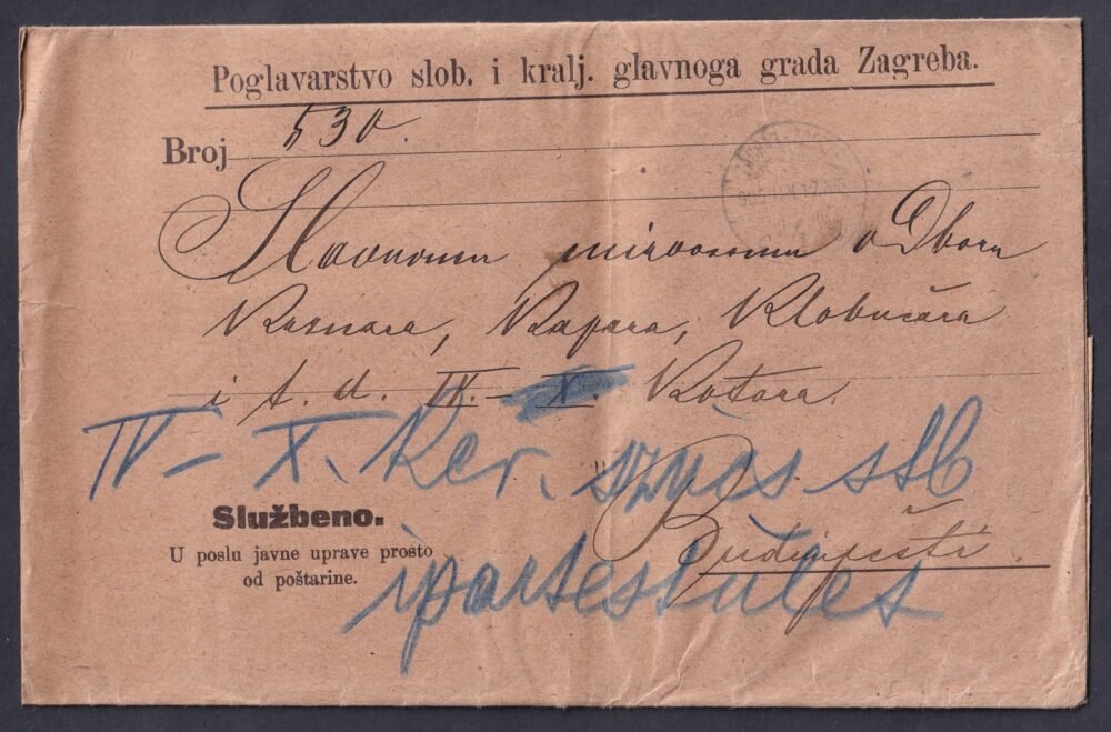 1905. Zágráb, Budapestre feladott hivatalos küldemény, tovább küldve, ZABREB levélzáróval