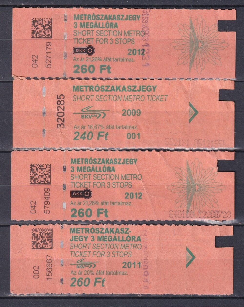4 db eltérő típusú. BKV, Metrószakaszjegy