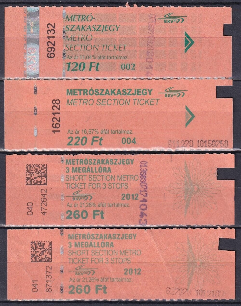 4 db klf. BKV, Metrószakaszjegy
