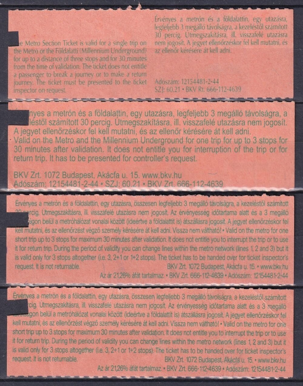 4 db klf. BKV, Metrószakaszjegy