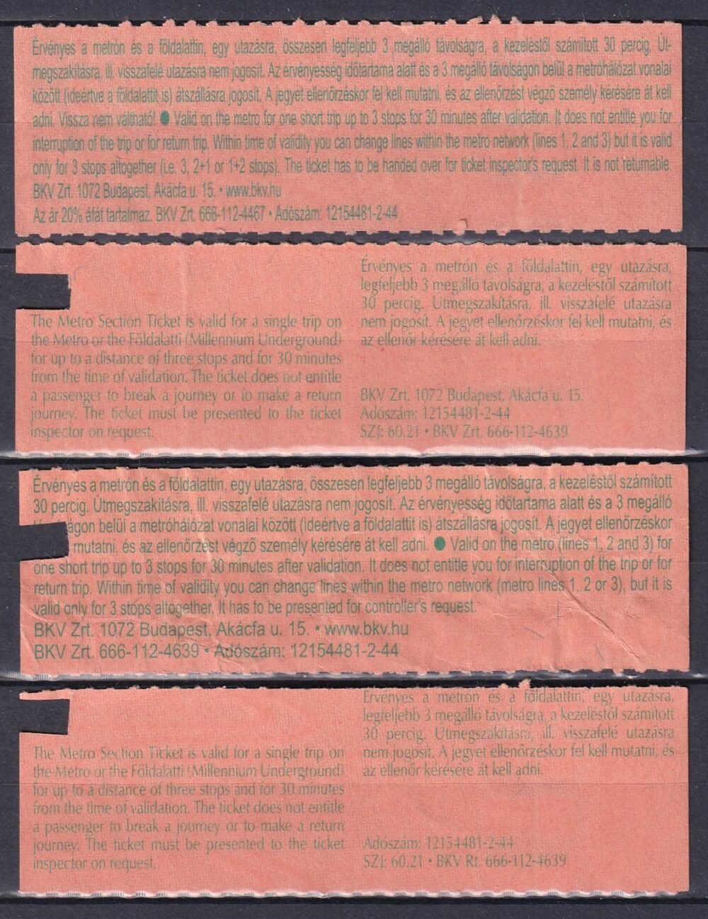 4 db BKV, Metrószakaszjegy