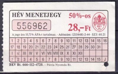 BKV, Hév Menetjegy, 50%-os, 28 Ft