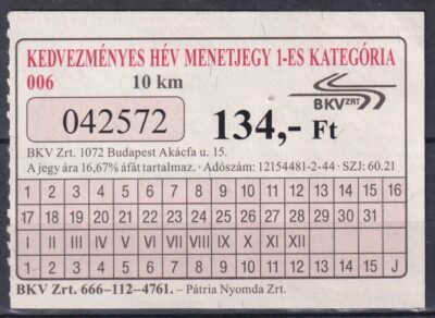 BKV, Hév Menetjegy, 1-es kategória, 10 Km (134 Ft)
