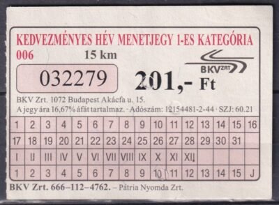 BKV, Hév Menetjegy, 1-es kategória, 15 Km (201 Ft)