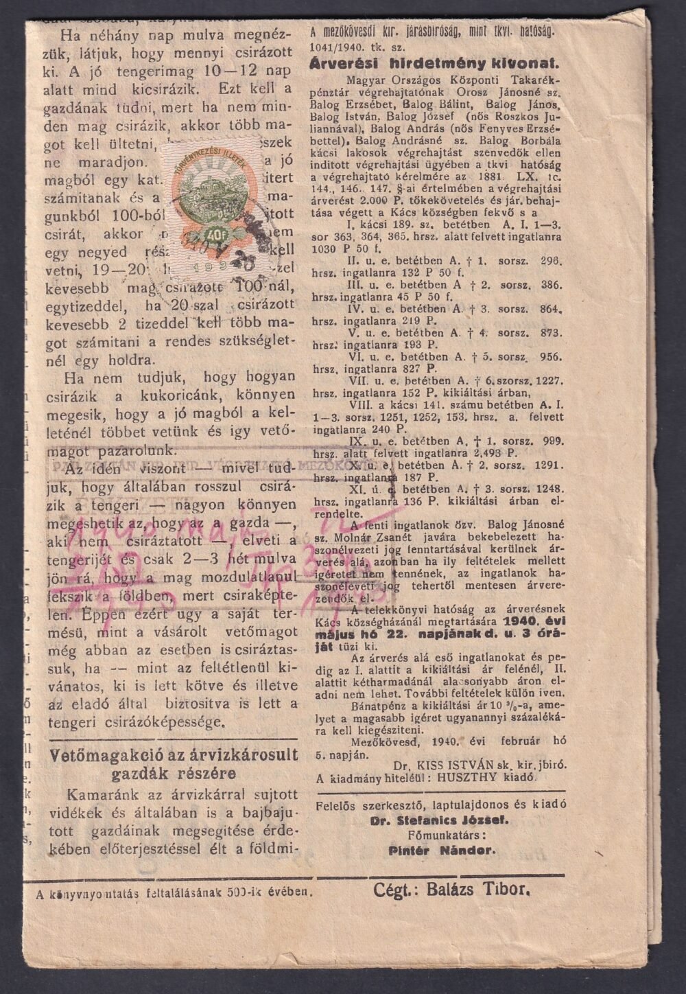 1940. Mezőkövesdi újság, 2 f nyomtatvány tarifával, a lapban reklám levélzáró és törvénykezési illeték lerovás