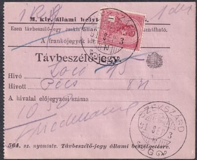 1914. Szekszárd, Távbeszélő-jegy