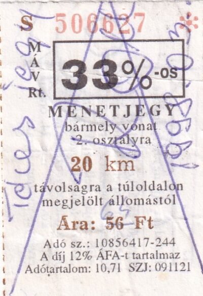 MÁV, 33%-os menetjegy, 2.osztály, 20km, (rontott / téves bélyegzés)