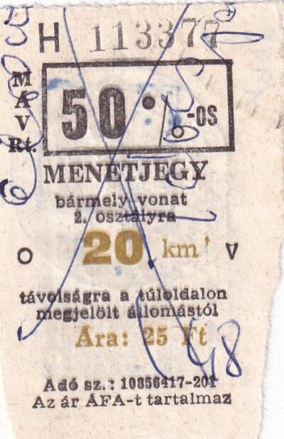 MÁV, 50%os menetjegy, 2.osztály, 20km