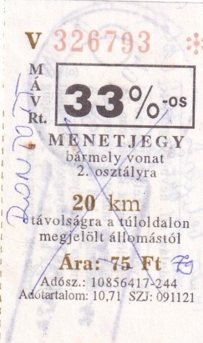 MÁV, 33%-os menetjegy, 2.osztály, 20km (rontott / téves bélyegzés)