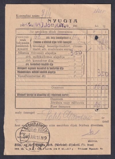 1940. Szombathely, (886. sz nyomtatvány) Nyugta - A távolsági beszélgetések (távíratok) díjainak részletezése. Ritka nyomtavány típus!