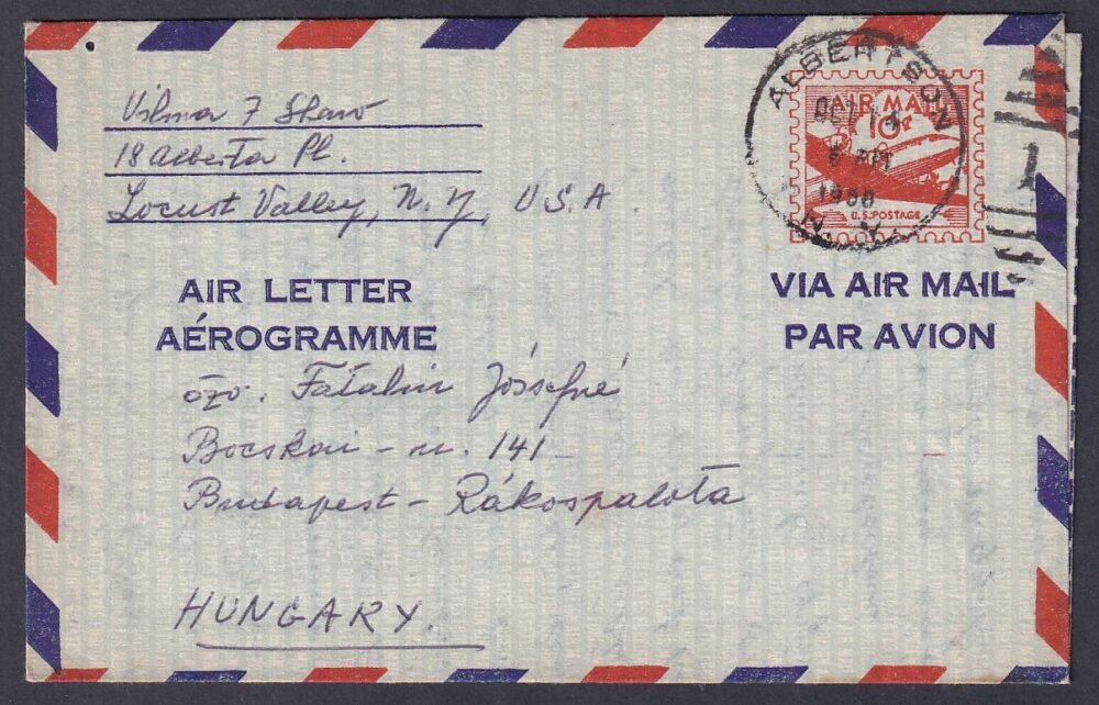 1956. USA, Budapestre feladott légiposta levél, karácsonyi levélzáró bélyeggel