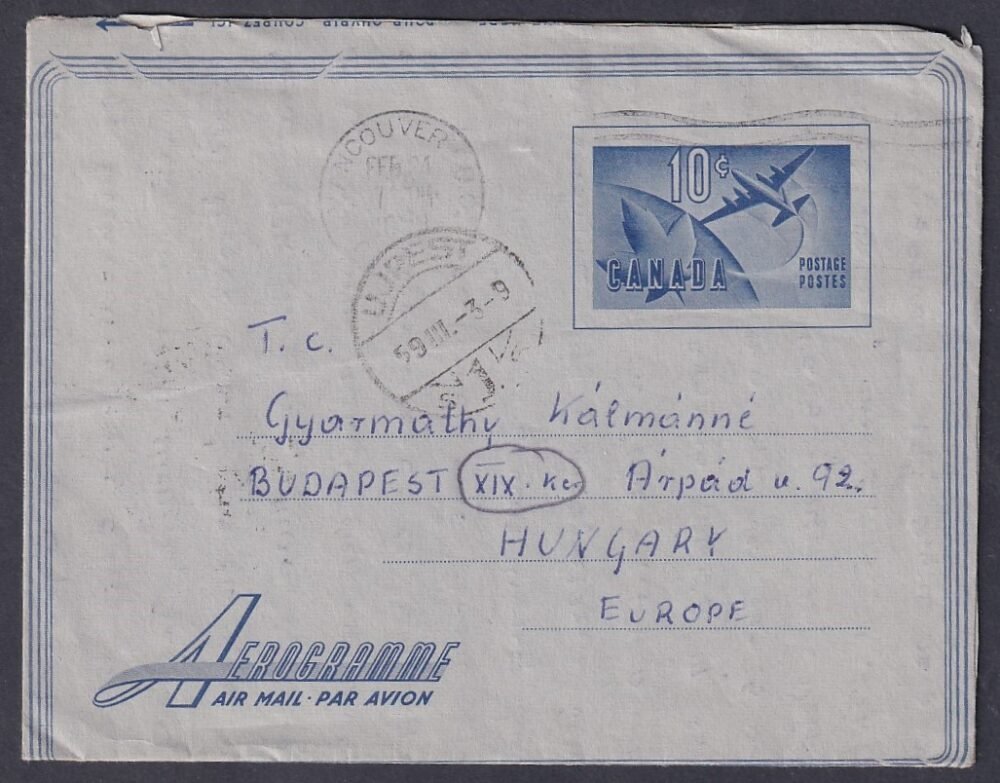 1959. Kanada, Budapestre feladott levél, légipostával
