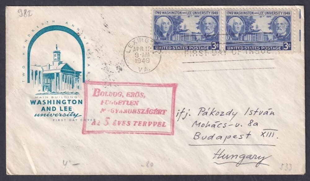 1949. USA, Budapestre feladott levél, Ötéves terv propaganda bélyegzéssel, RITKA!