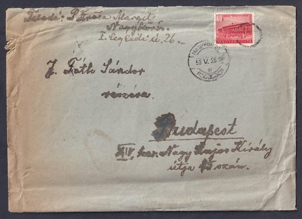 1953. Nagykőrös, Budapestre feladott levél + néma bélyegzéssel