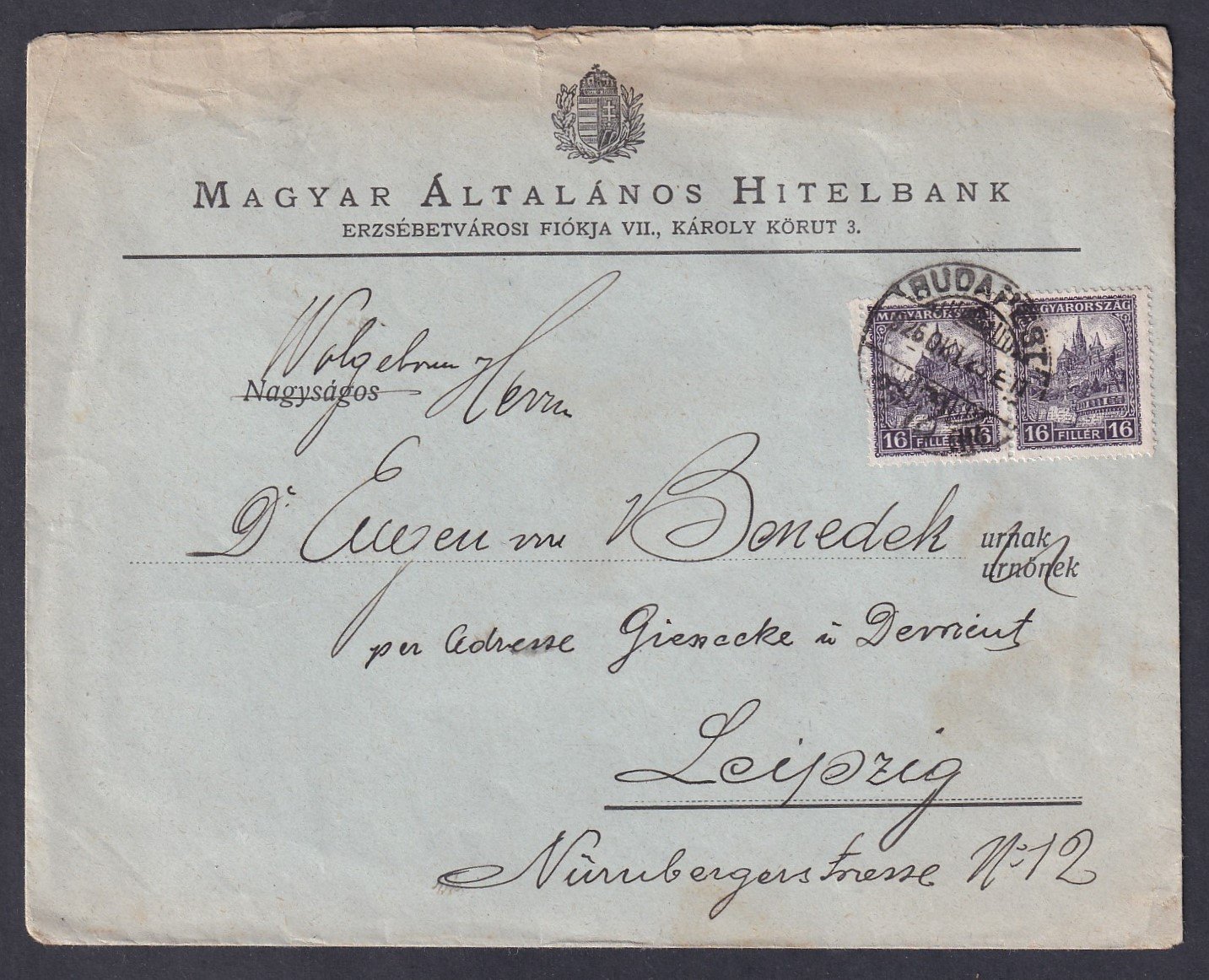 1926. Budapest, Leipzig-be feladott levél