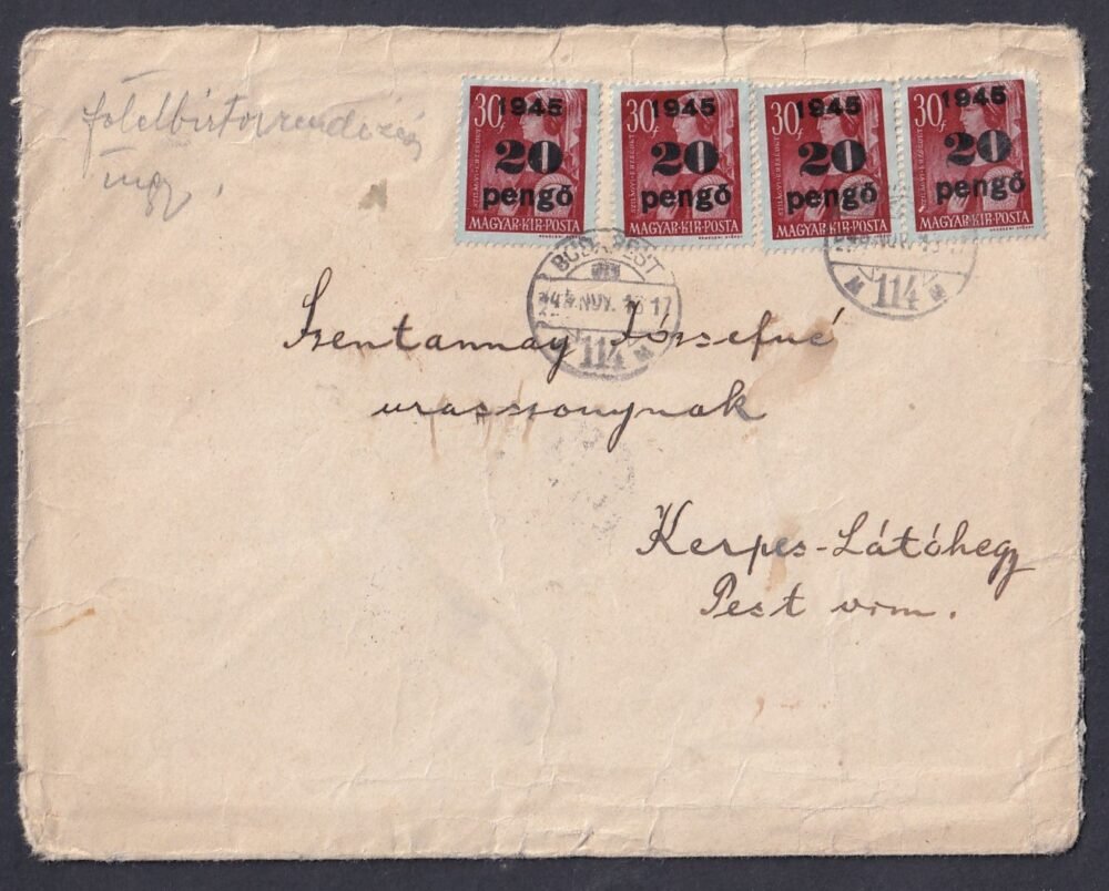 1945-ben Budapestről, a Kerepes-Átóhegyre feladott levél, a kézbesítési körzeten belül, az első súlyfokozatú helyi tarifa (80 P) lerovásával.