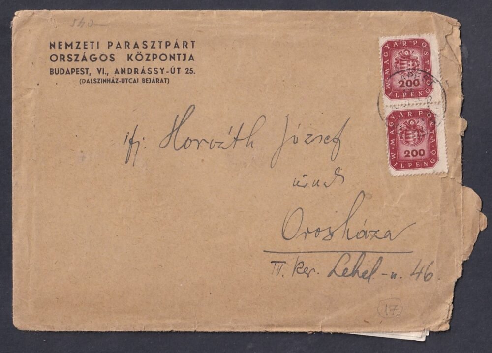 1946. Budapest, helyben az akkor  IV. kerület, Lehel utca 46. ba feladott levél tartalommal, egy Orosházi esküvő a levél tartallom. (érdekes címzés) 5. dsz. helyi első.s.f. levél - 400 P díjtétellel