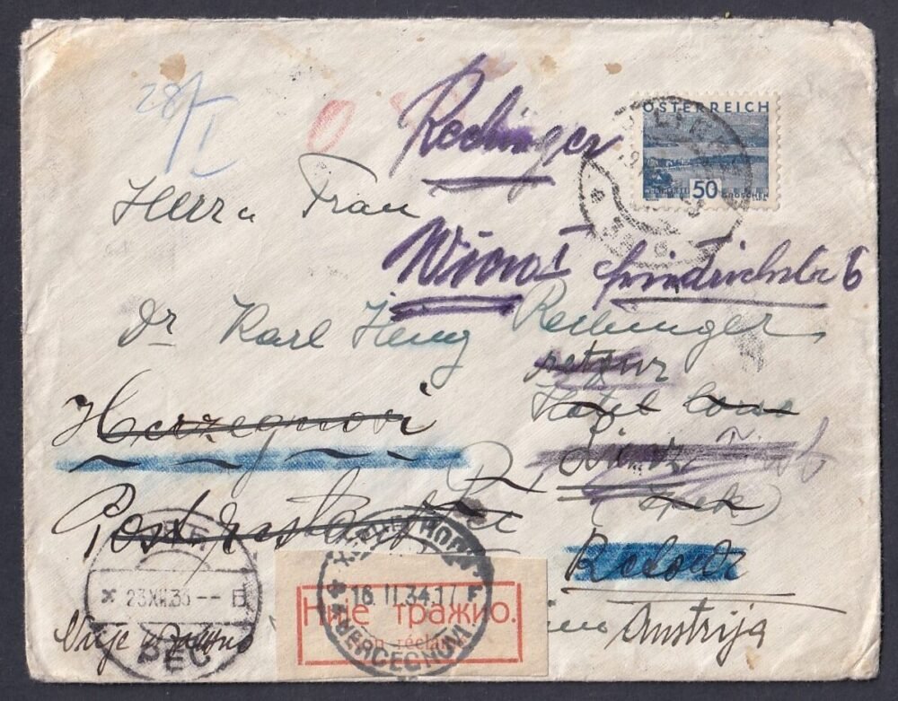 1934. Ausztria, többszörösen tovább küldött "vándor" levél