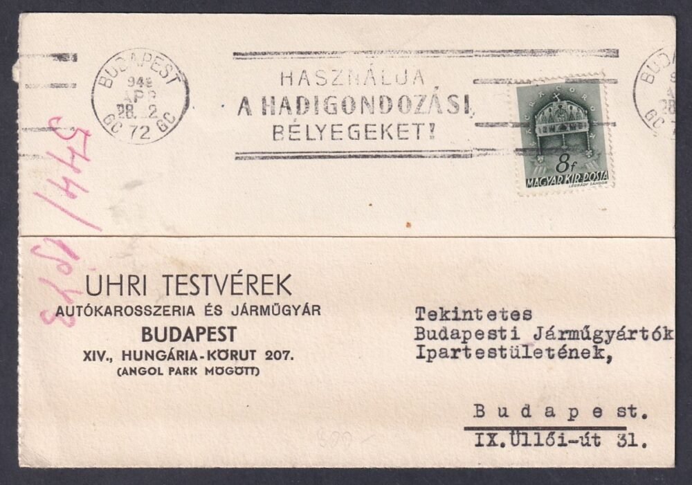 1943. Budapest, helyben feladott levelezőlap, reklám bélyegzéssel