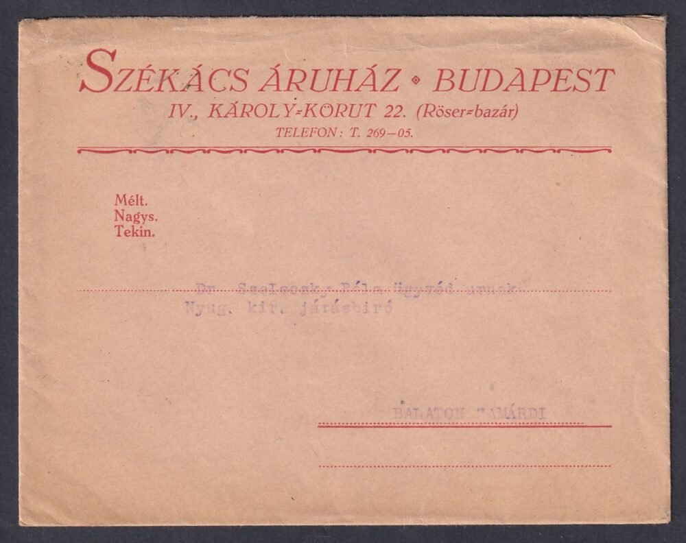1928. Budapest, Balatonzamárdi-ba feladott céges levél