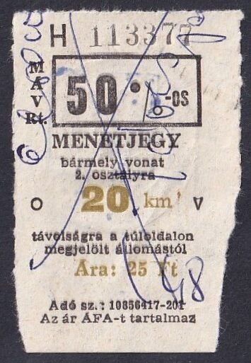 MÁV, 50%os menetjegy, 2.osztály, 20km
