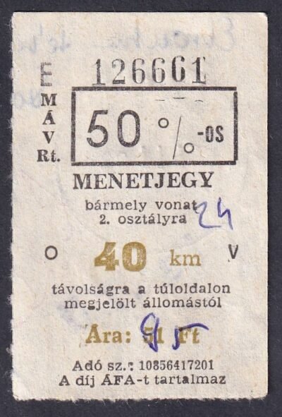 MÁV, 50%-os menetjegy, 2.osztály, 40km (rontott)