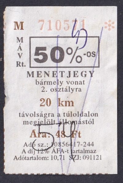 MÁV, 50%-os menetjegy, 2.osztály, 20km