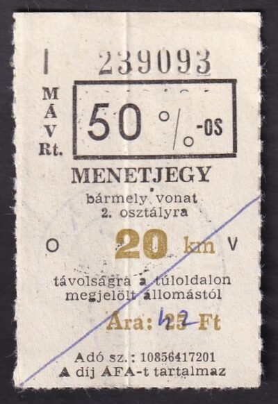 MÁV, 50%-os menetjegy, 2.osztály, 20km, (rontott / téves bélyegzés)