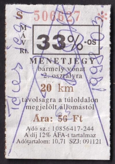 MÁV, 33%-os menetjegy, 2.osztály, 20km, (rontott / téves bélyegzés)