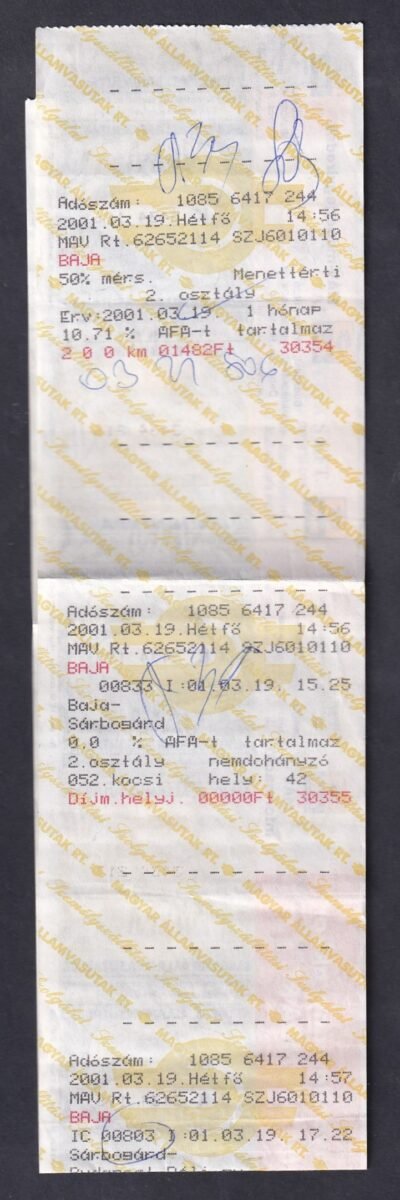 MÁV, 50%-os mentettérti jegy, 2.osztály, 200km
