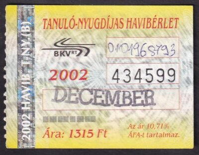 2002. BKV, Tanuló-Nyugdíjas havibérlet