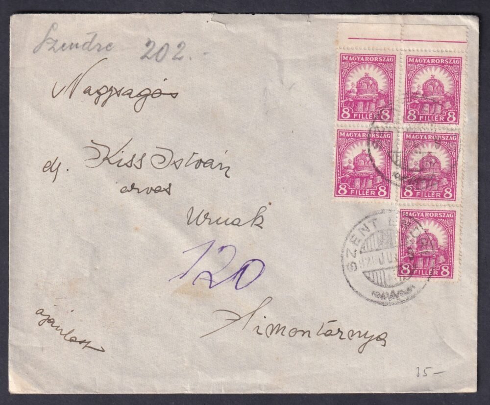 1926. Szent Endre, Simontornyára feladott levél