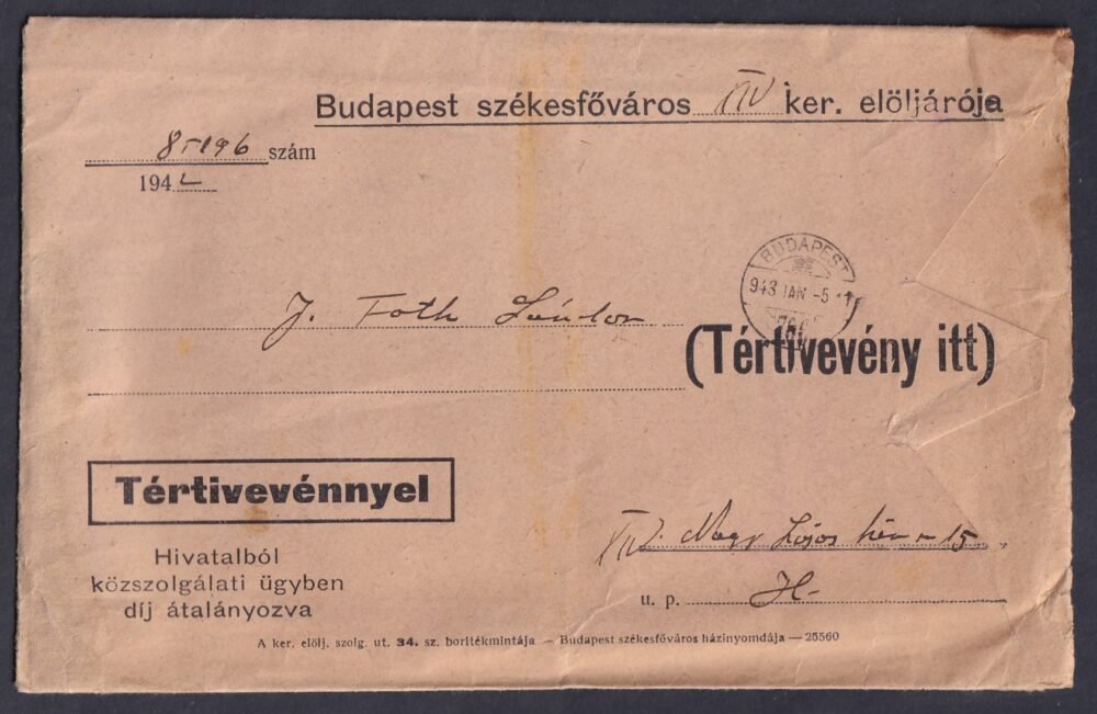 1943. Budapest, helyben feladott levél
