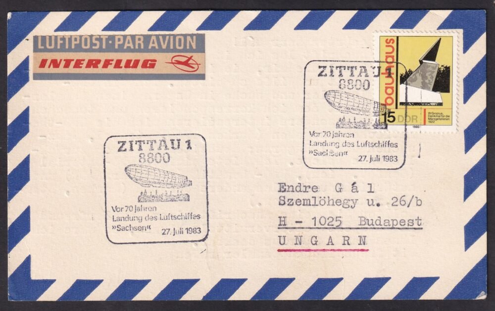 1983. Németország, Budapestre feladott alkalmi légiposta levelezőlap (Zepelin)