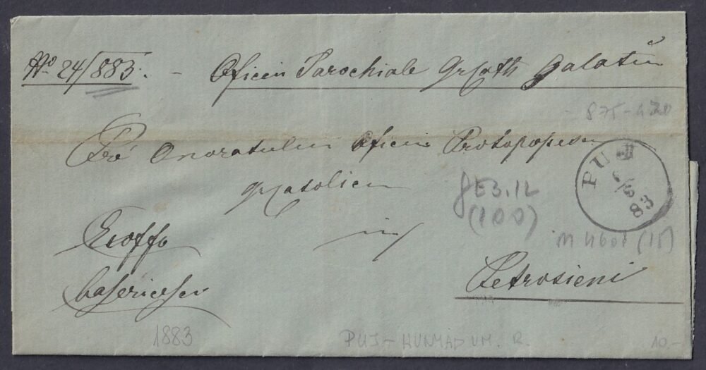 1883. PUJ, PETROZSÉNY-be feladott ex offo levél- teljes tartalommal