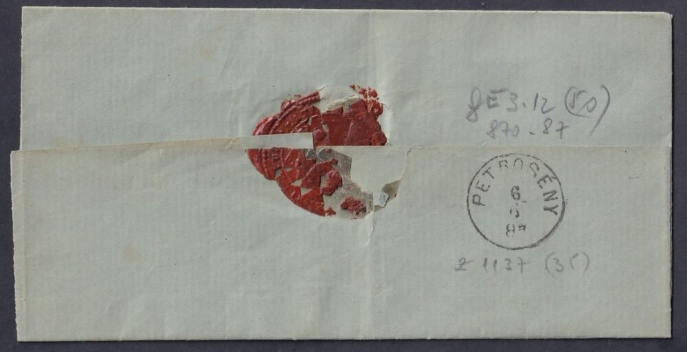 1883. PUJ, PETROZSÉNY-be feladott ex offo levél- teljes tartalommal