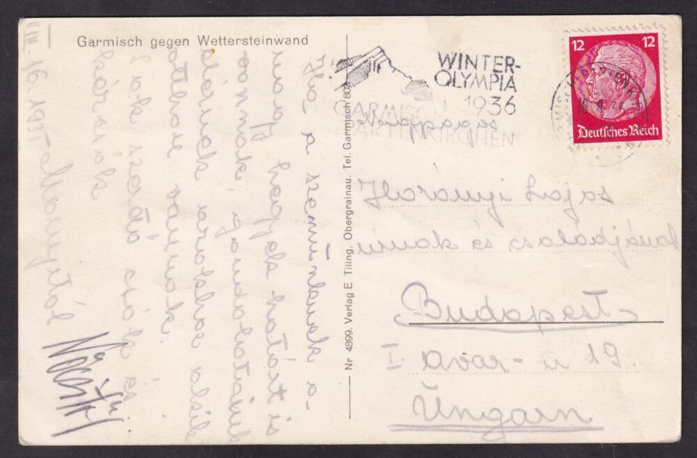 1936. Német Birodalom, Téli olimpia alk. bélyegzéssel Magyarországra feladott képeslap