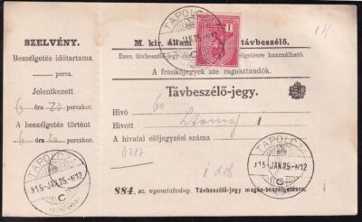 1914. Távbeszélőjegy (szelvénnyel), Turul 1K bérmentesítéssel, TAPOLCZA