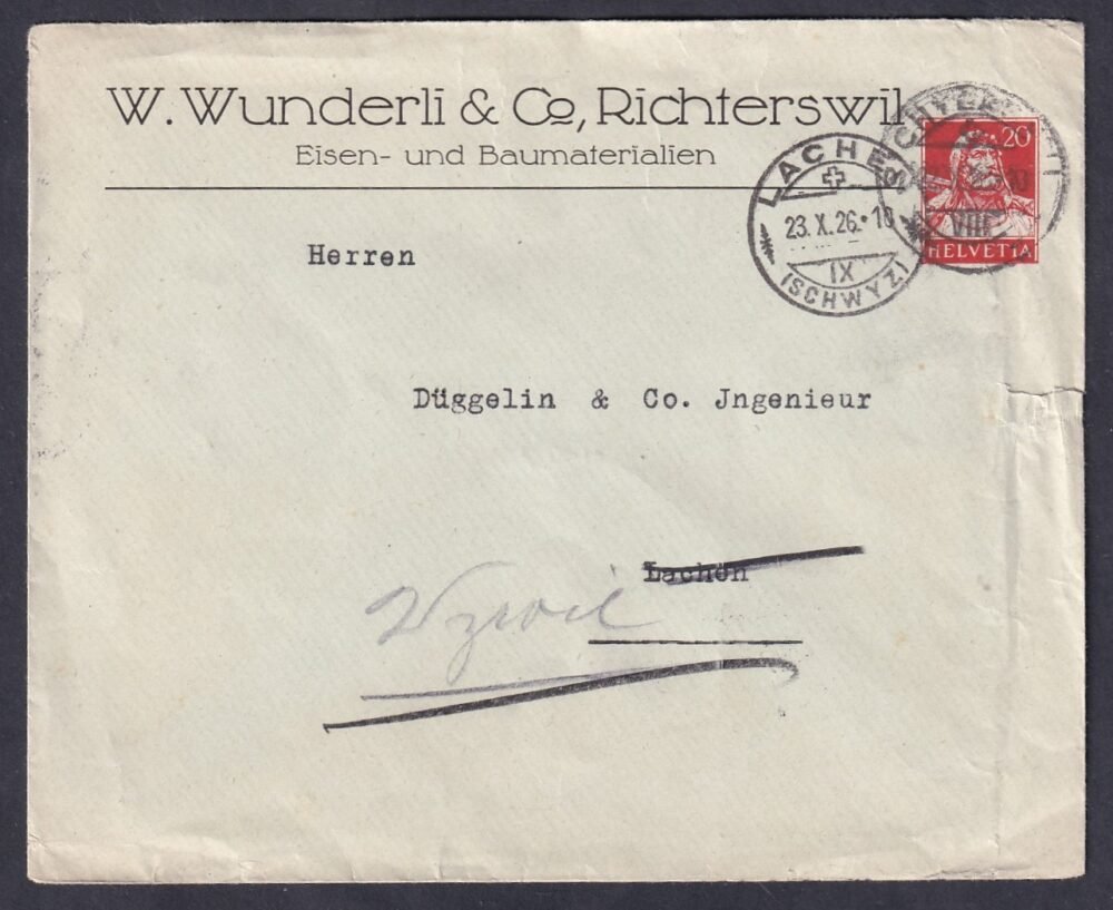 1923. Svájc, Lachen-be feladott tovább küldött levél