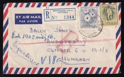 1962. Ausztrália, Magyarországra feladott ajánlott légiposta levél