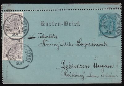 1899. Salzburg, Debrecenbe feladott díjkiegészített zárt-levelezőlap