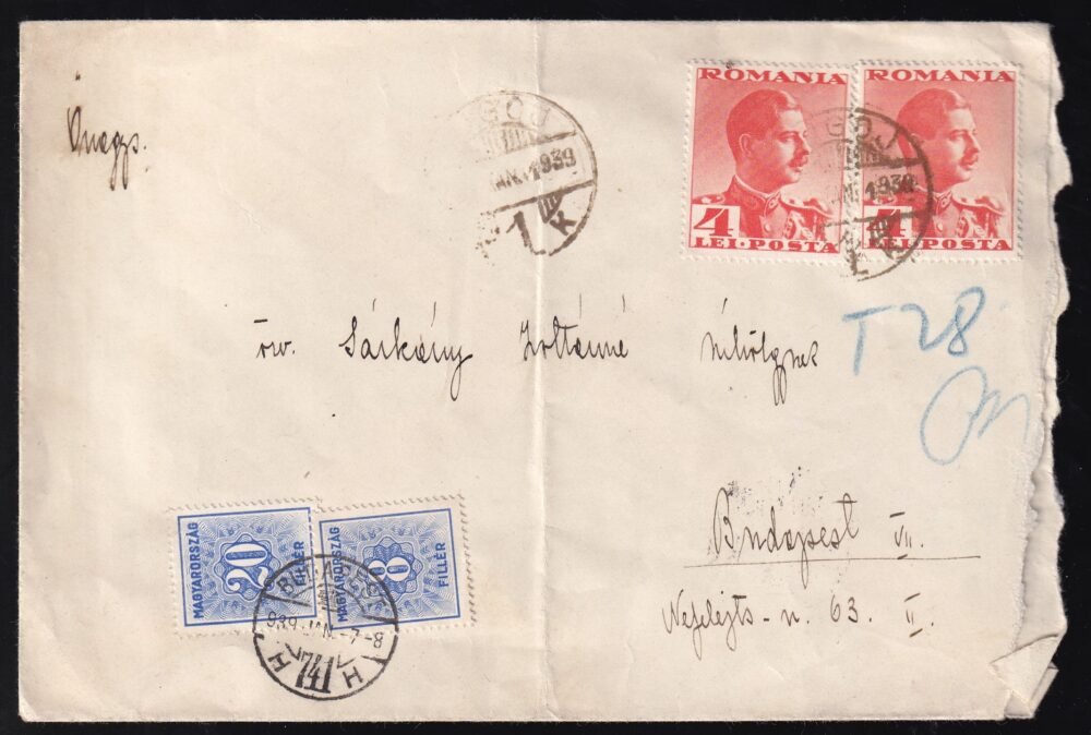 1939. Románia, Budapestre feladott levél portózva