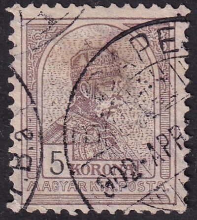 1900. 5 K "E" jobbra dölő korona vízjellel