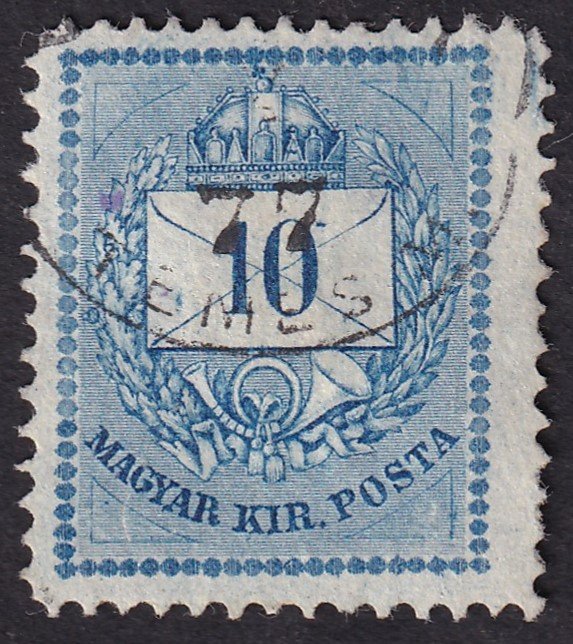 1874. 10 kr, durva alsó-felső gyöngy javítással, szabályos vegyes fogazással: 12.3/4:13
