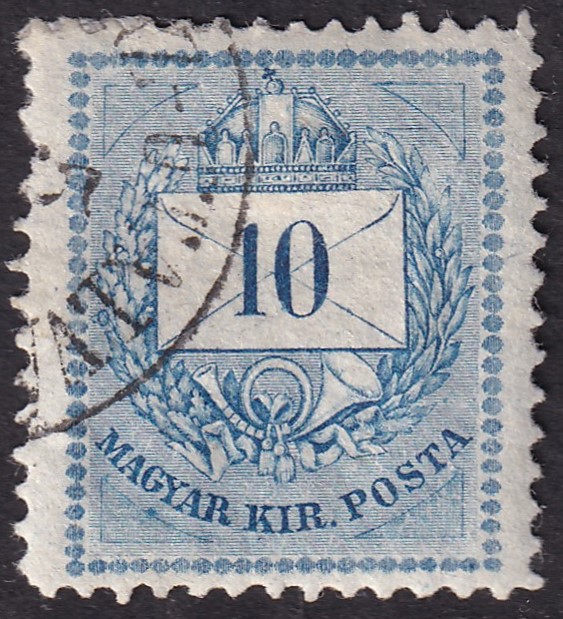 1874. 10 kr, 12.3/4 -es szabályos fogazással (egy rövid fog)