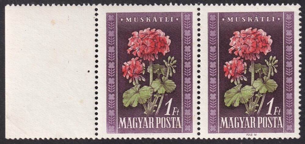 1950. Virág I. 1 Ft, ívszéli pár, 11. ívhely "a tervező neve alig látszik" lemez hibával