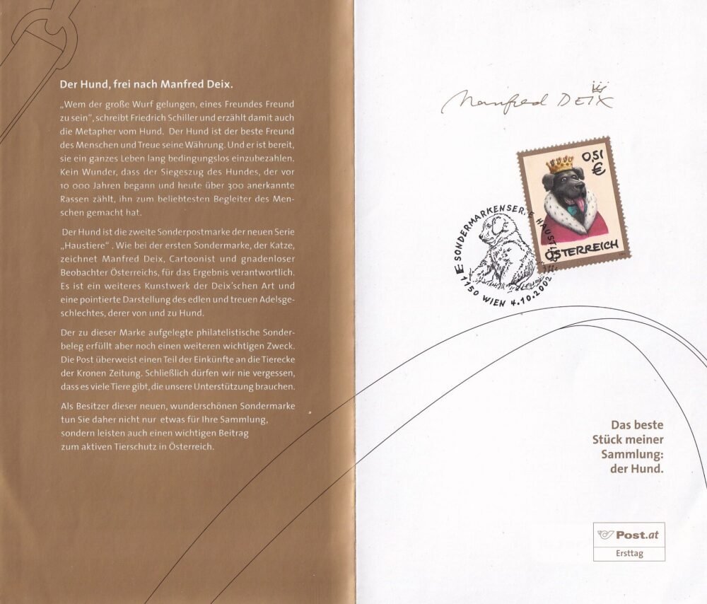2002. Ausztria, a kutya, a hűség királya emléklap, alkalmi bélyegzéssel
