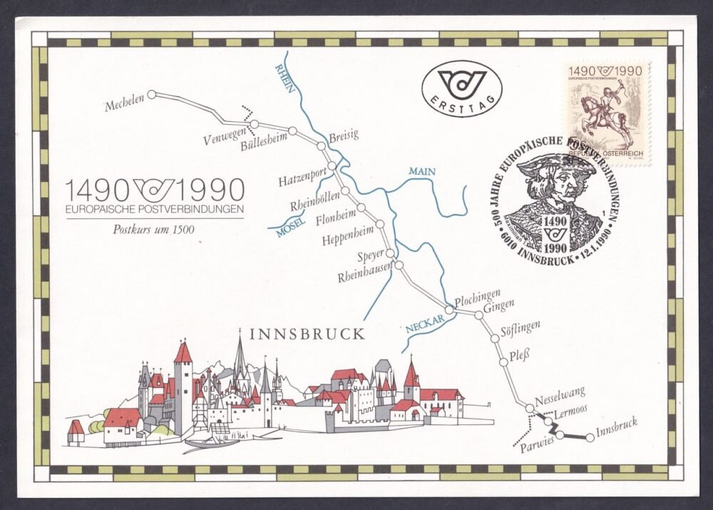 1990. Ausztria, 500 éves az európai posta szolgáltatások emléklap, alkalmi bélyegzéssel, elsőnapi