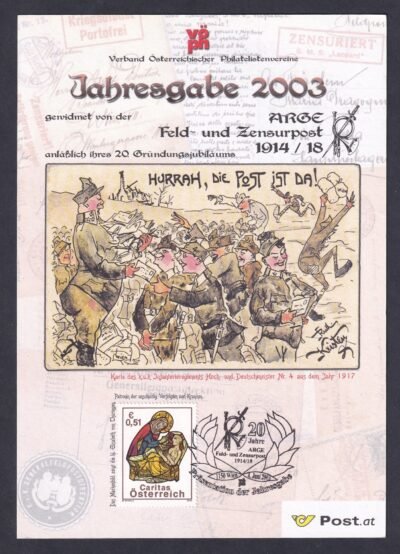 2003. Ausztria, Éves ajándék az Arge feld- és Zensurpost 20 éves jubileuma alkalmából emléklap, alkalmi bélyegzéssel